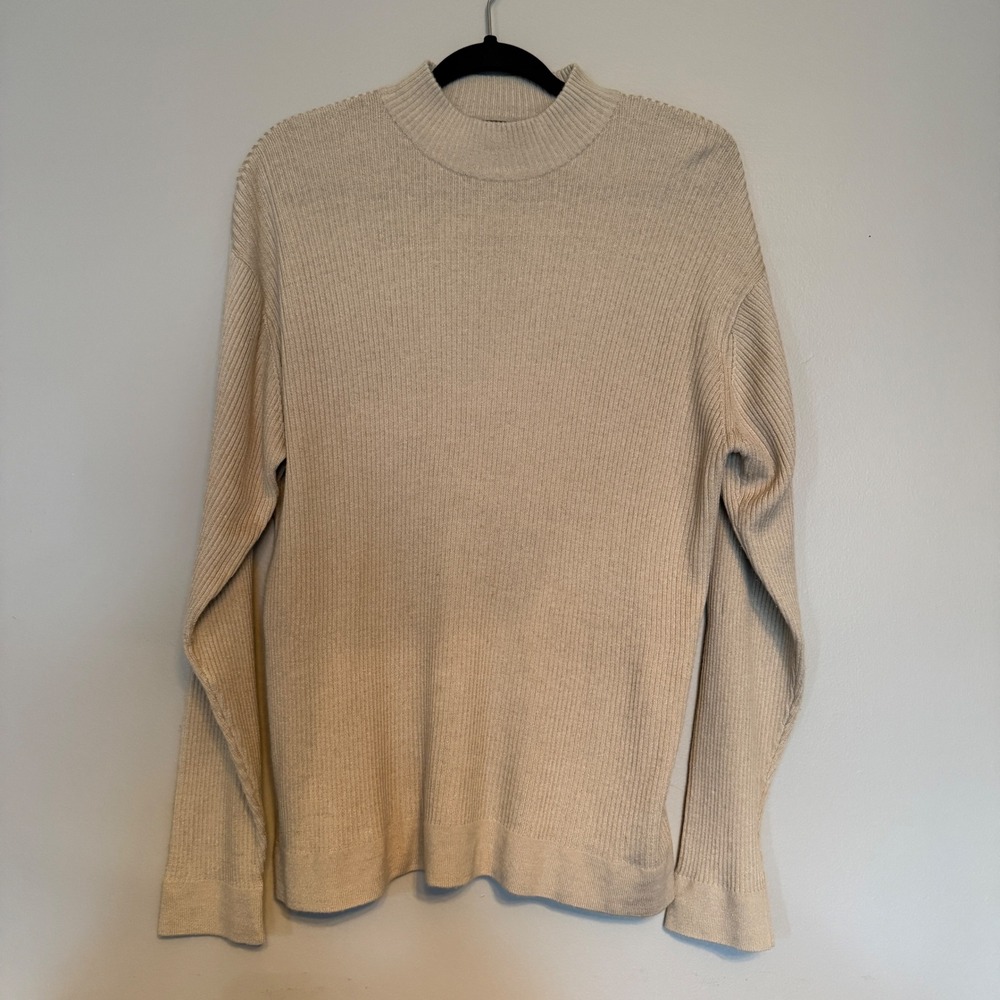 Liz Claiborne Mock Neck Ribbed Sweater Tunic Womens Size L Beige Silk Blend Chic